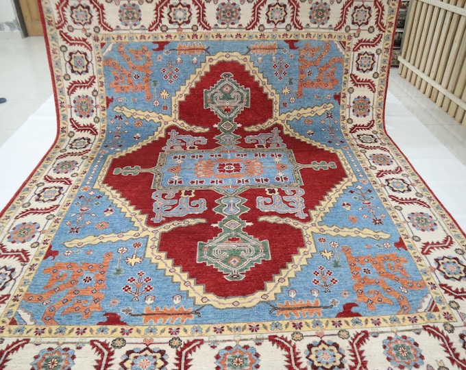 8x10 Handmade Heriz Wool Rug – Blue Red Medallion, Veg Dye