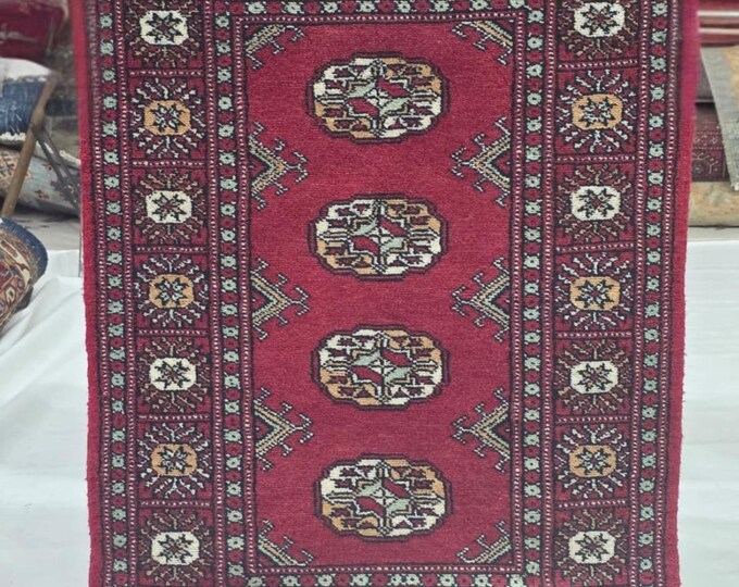 2 X 3 ft Red Geometrical Handmade, Mori Bokhara Cotton and Wool