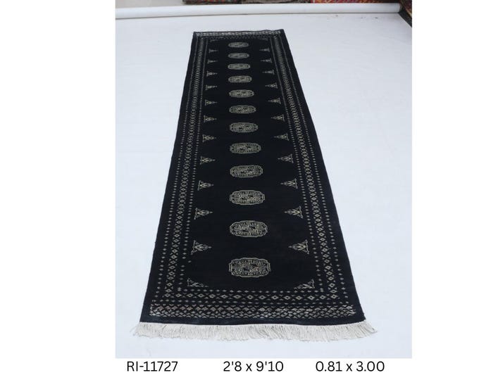Hand-knotted Mohri Bokhara Wool Rug, Black Geometric Runner (2.8 x 9.10 ft)