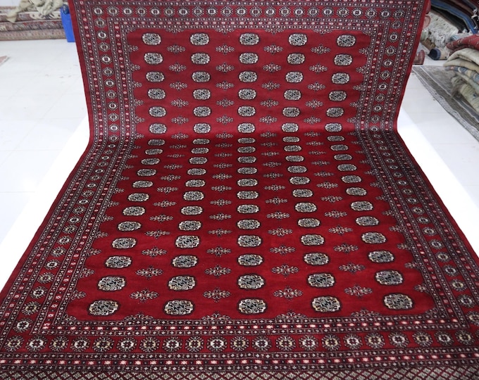 9x12 Red Bokhara Rug – Handmade Wool, Geometric Turkmen Design