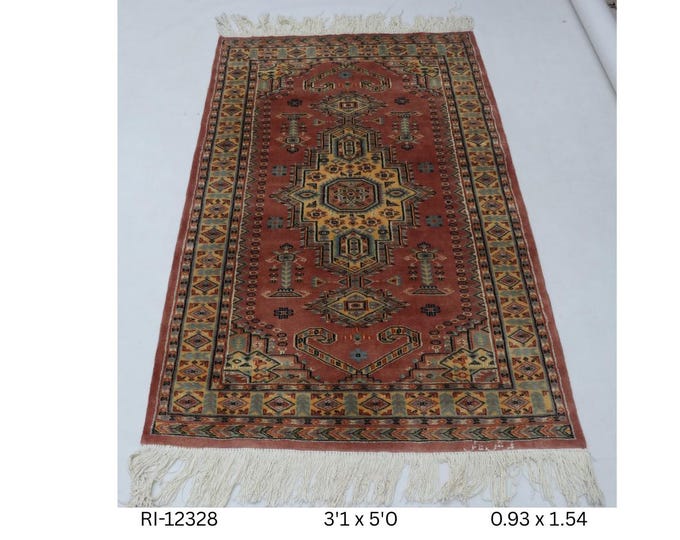 Hand-Knotted Wool Rug, Copper and Yellow Geometric Design, 3.1 x 5.0 ft