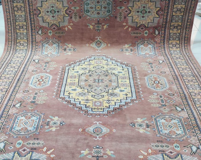 7 X 10 ft Handmade Geometrical Kafkazi Rug, Copper and Yellow, Cotton and Wool and Silk Touch
