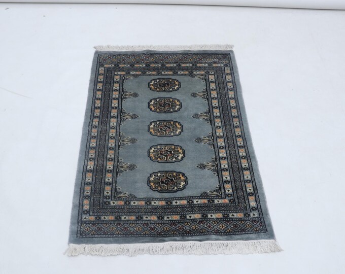 Hand-knotted Mori Bokhara Cotton and Wool Rug, Geomatrical in Gray base and Gray border, 2.6 x 3.7 ft
