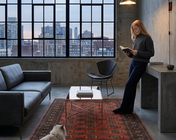 4.1 X 6.0 ft Copper Geomatrical  Runner Handmade, Mori Bokhara Cotton and Wool