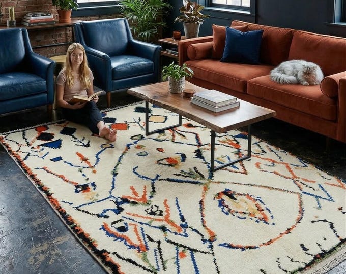 5.1 X 8.1 ft White Geomatrical Handmade ,Morocan Cotton and Wool