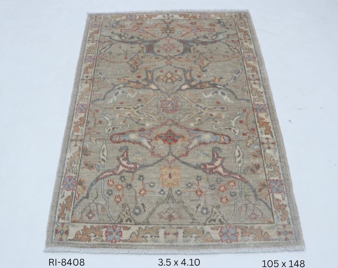 Hand-knotted Oshak Wool Rug, Floral in Brown base and Beige border, 3.5 X 4.10 ft