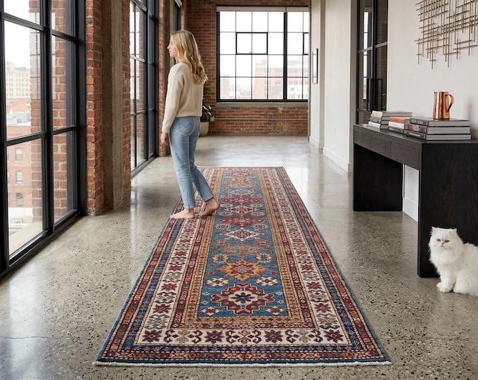 2.7 X 8.0 ft Blue and Beige Geomatrical Handmade Runner, Super Kazak Cotton and Wool