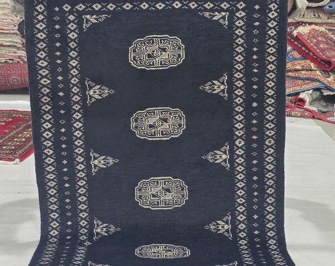 2.5 X 4 ft Black Geometrical Handmade, Mori Bokhara Rug Cotton and Wool