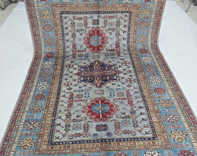 5.5 X 8 ft Handmade Geometrical Super Kazak Rug, Gray and Green, Cotton and Wool