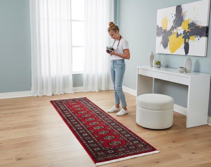 2.1 X 5.2 ft Red Geomatrical Runner Handmade, Mori Bokhara Cotton and Wool