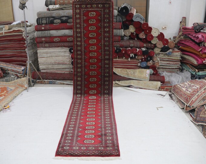 3 X 12 ft Red Geomatrical Handmade Runner, Mori Bokhara Cotton and Wool