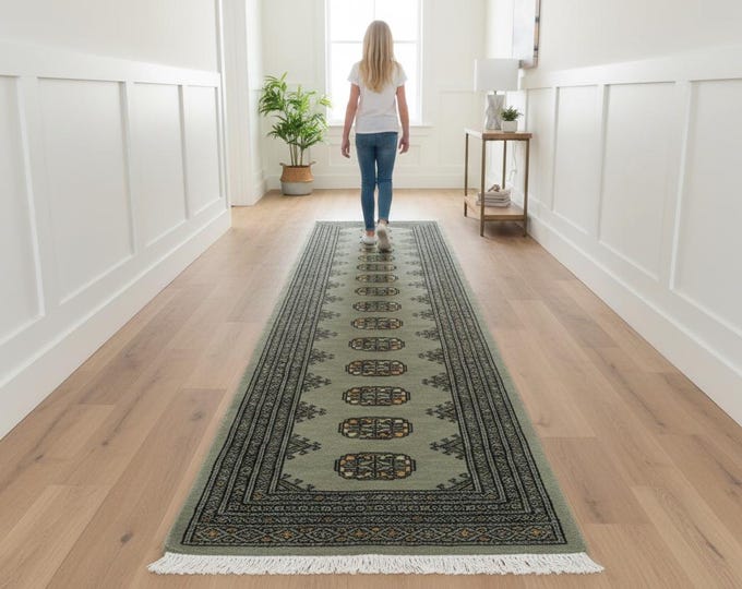 2.0 X 6.0 ft Gray Geomatrical Handmade, Mori Bokhara Cotton and Wool