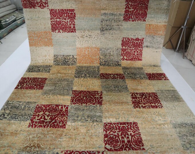 Hand Knotted Afghan Wool Rug – 8x10 Multicolor Checkered Design