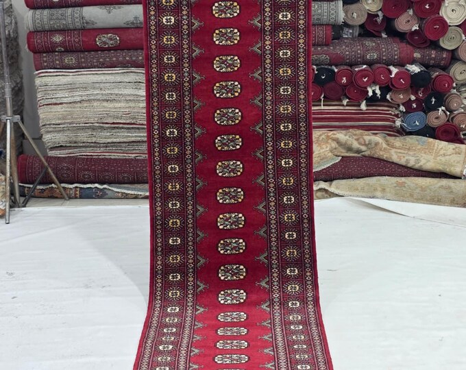3 X 12 ft Red Geomatrical Handmade Runner, Mori Bokhara Cotton and Wool