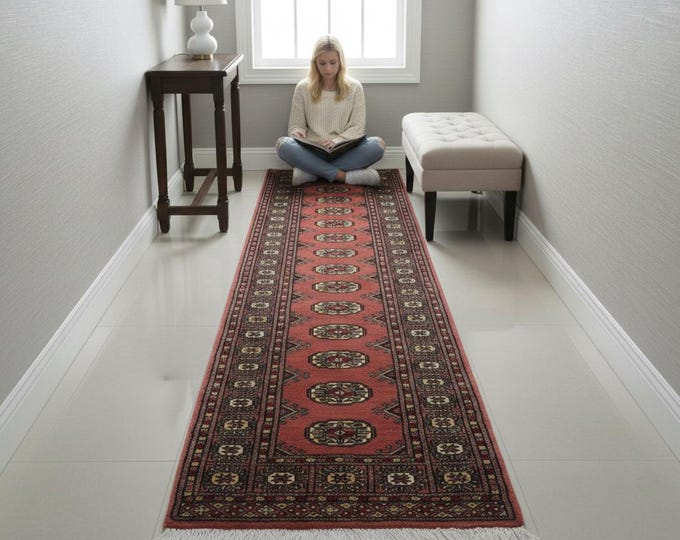 2.1 X 6.0 ft Copper Geomatrical Runner Handmade, Mori Bokhara Cotton and Wool