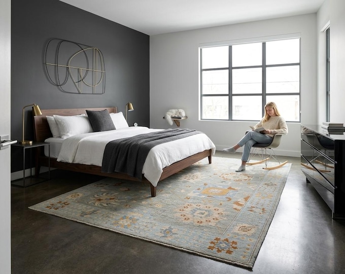 7.10 X 9.11 ft Gray and Blue Floral Handmade ,Oshak Wool