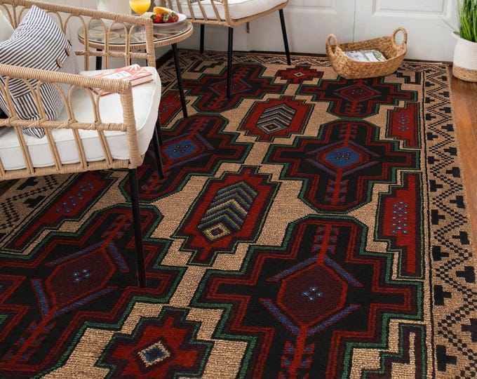 Hand-knotted Being and Red Baluchi , 3.93 x 6.56 ft