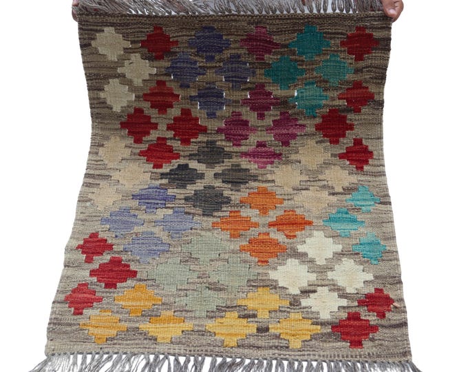 2 X 3 ft Handmade Geometrical Killim Rug, Muilty, Wool