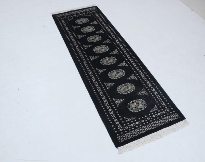 2.0 X 6.2 ft Black Geomatrical Handmade Runner, Mori Bokhara Cotton and Wool