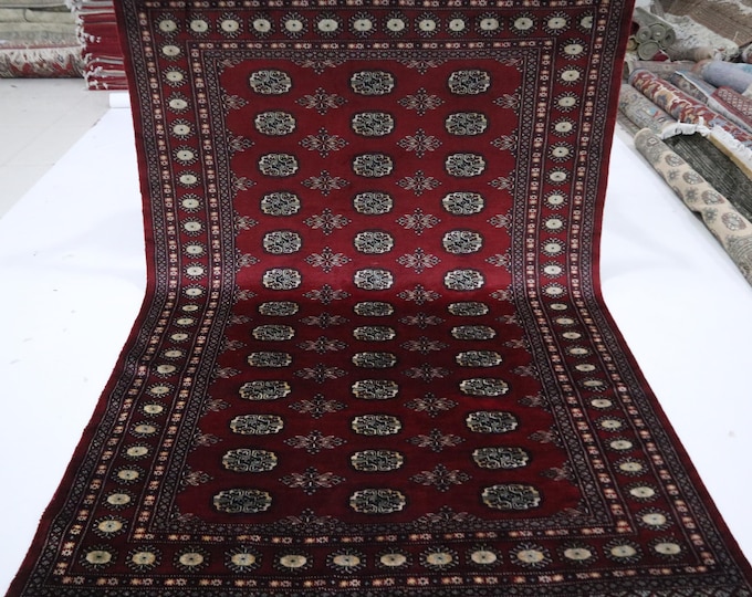 6x8 Ft Red Wool Mori Bokhara Rug, Hand Knotted Geometric Tribal Rug