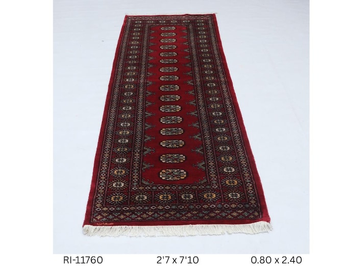 Hand-knotted Mohri Bokhara Cotton and Wool Rug, Geomatrical in Red base and Red border, 2.7 x 7.10 ft