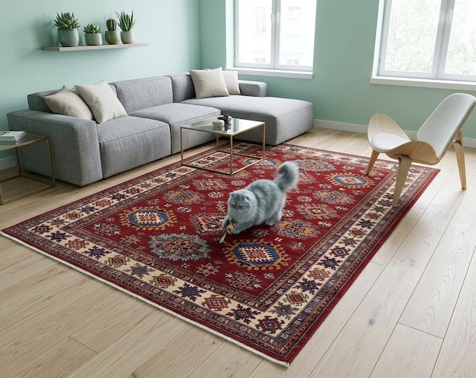 4.9 X 7.2 ft Red and Beige Geomatrical Handmade. Super Kazak Cotton and Wool