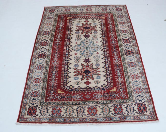 4 X 6 ft Beige Geomatrical Handmade, Super Kazak Cotton and Wool