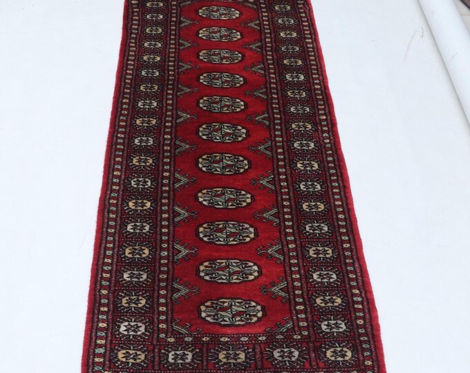 2.0 X 6.0 ft Red Geomatrical Handmade, Mori Bokhara Cotton and Wool