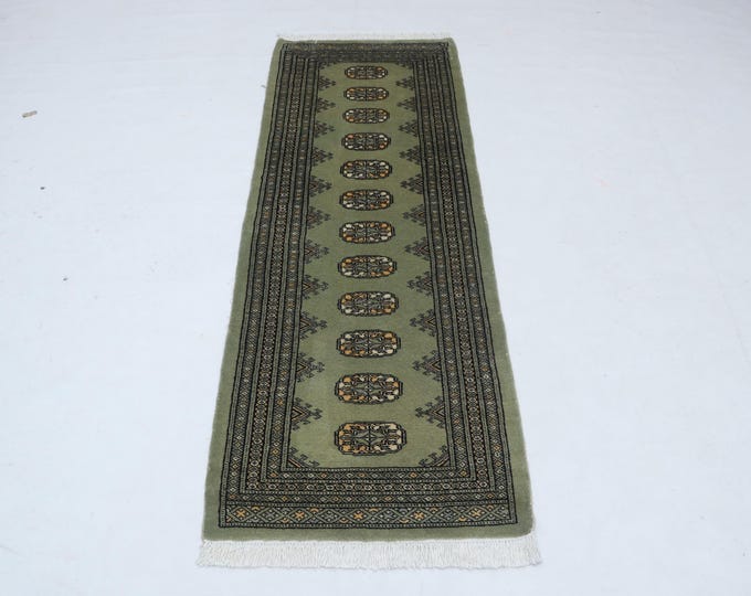 2.1 X 6.0 ft Green Geomatrical Handmade Runner, Mori Bokhara Cotton and Wool