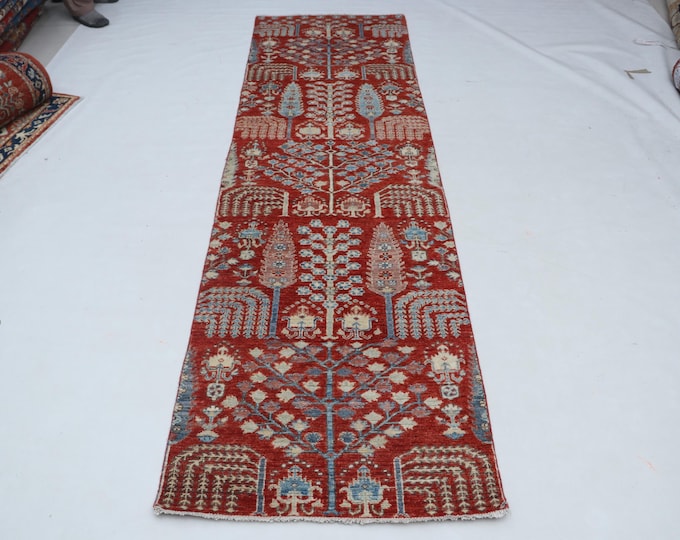 2.7 X 9.1 ft Red Floral Handmade Runner ,Heriz Cotton and Wool
