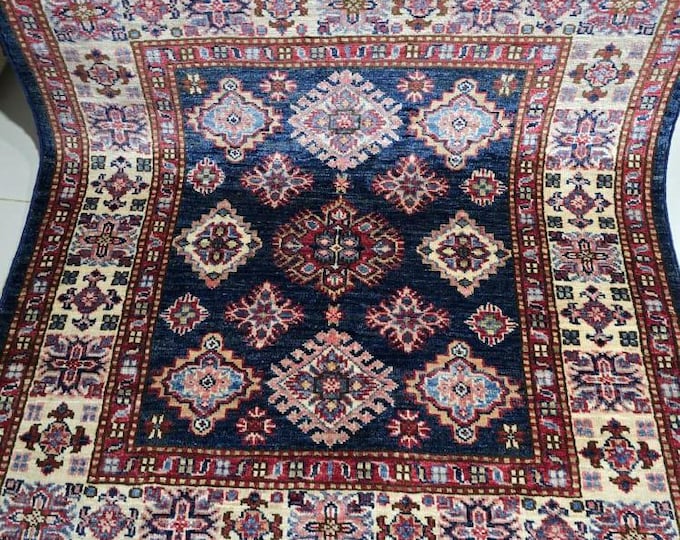 3.5 X 3.5 ft Handmade Geometrical Square Super Kazak Rug, Blue and Beige, Cotton and Wool