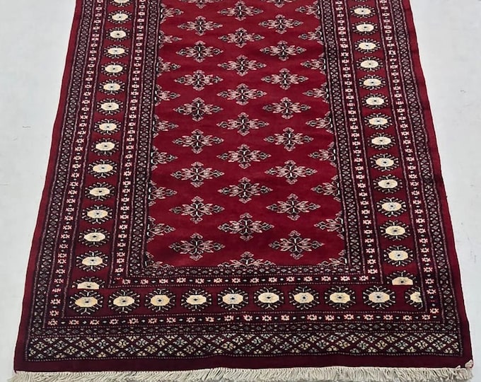 4 X 6 ft Red Geometrical Handmade , Mori Bokhara Cotton and Wool