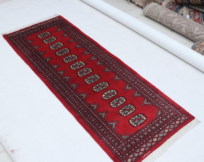 2.0 X 5.6 ft Red Geomatrical Handmade, Mori Bokhara Cotton and Wool