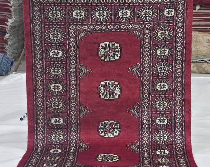 2.5 X 4 ft Red Geometrical Handmade, Mori Bokhara Rug Cotton and Wool