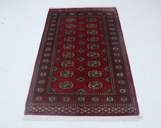 3.2 X 5.1 ft Red Geomatrical Handmade ,Mori Bokhara Cotton and Wool