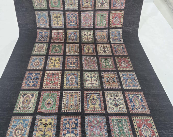 5.5 X 8 ft Handmade Geometrical Area Gull-e-Aiyena  Rug, Black , Cotton and Wool
