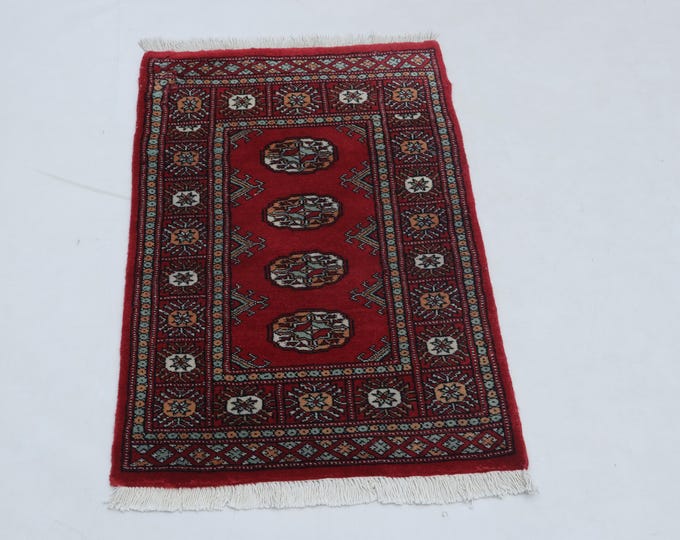 2.0 X 3.0 ft Red Geomatrical Handmade ,Mori Bokhara Cotton and Wool