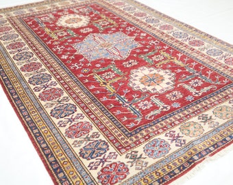 Handmade Afghan Red Wool Rug – 5x8 Geometric Kazak Design