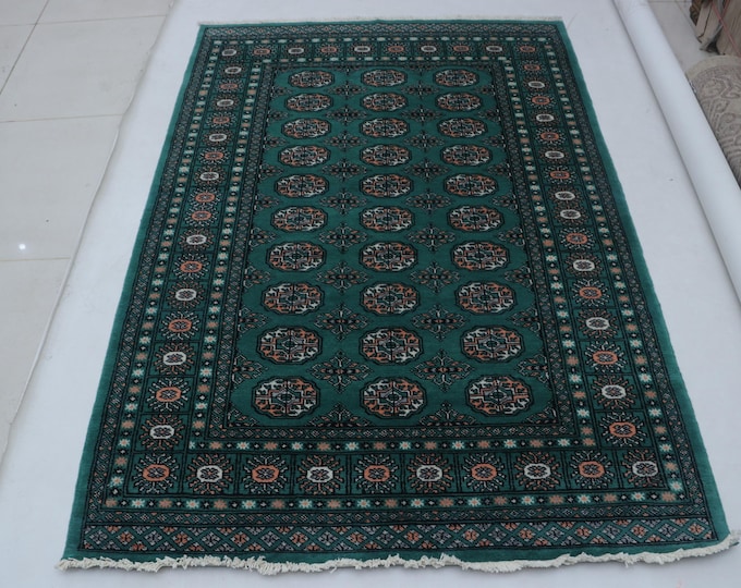 4.3 X 6.2 ft Green Geomatrical Handmade Runner, Mori Bokhara Cotton and Wool