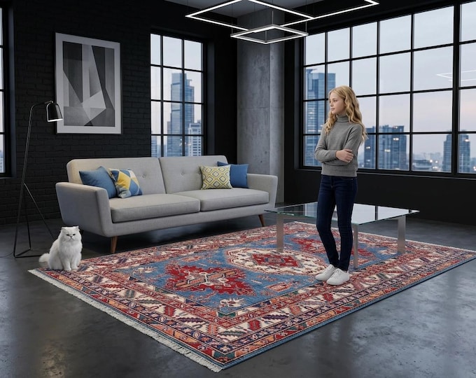 5 X 6 ft Blue and Beige Geomatrical Handmade, Super Kazak Cotton and Wool