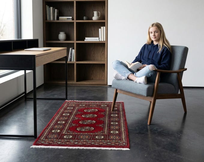 2.0 X 3.0 ft Red Geomatrical Handmade ,Mori Bokhara Cotton and Wool