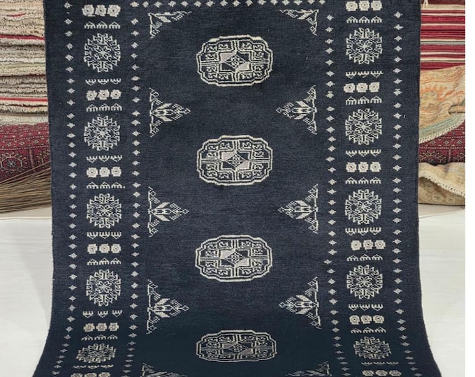 2.5 X 4 ft Black Geometrical Handmade, Mori Bokhara Rug Cotton and Wool