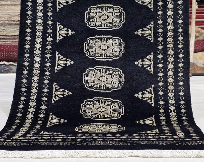 2 X 3 ft Black Geomatrical Handmade, Mori Bokhara Cotton and Wool