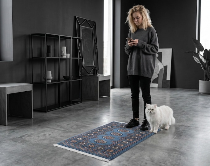 2.1 X 3.1 ft Blue Geomatrical Handmade ,Mori Bokhara Cotton and Wool