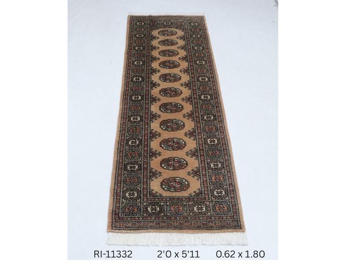 2 X 6 ft Brown Geometrical Handmade Runner, Mori Bokhara Cotton and Wool