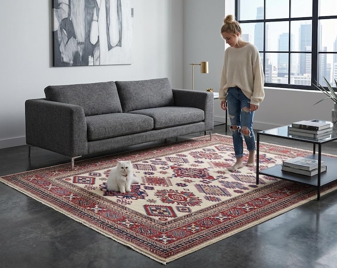 5 X 7 ft Red and Beige Geomatrical Handmade, Super Kazak Cotton and Wool