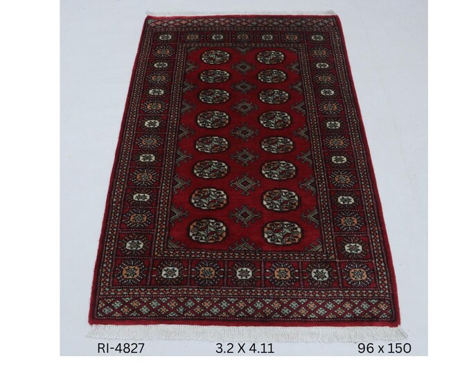 3 X 5 ft Red Geomatrical Handmade, Mori Bokhara Cotton and Wool