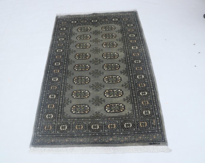 3.0 X 4.11 ft Gray Geomatrical Handmade , Mori Bokhara Cotton and Wool
