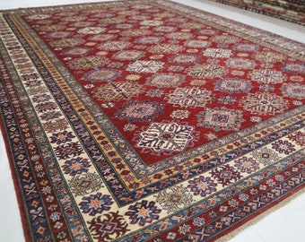 Red Afghan Kazak Rug – Hand Knotted Wool, Geometric Design (9x12)