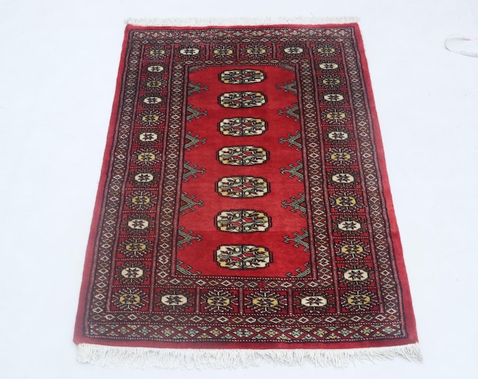 2.8 X 3.9 ft Red Geomatrical Handmade Runner, Mori Bokhara Cotton and Wool